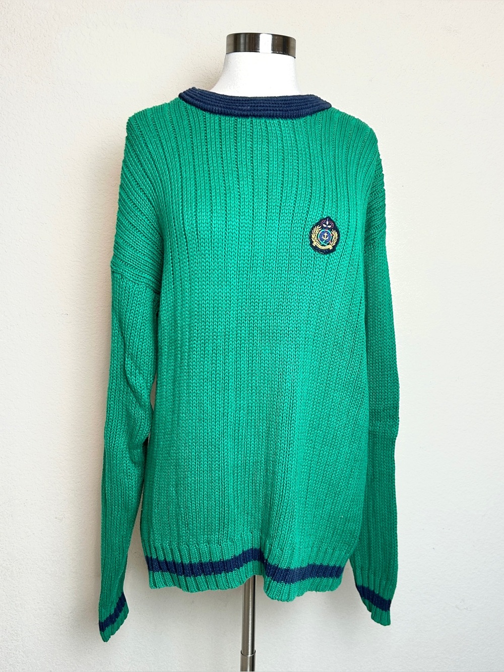 GAP Vintage Green with Navy Crewneck Knit Sweater